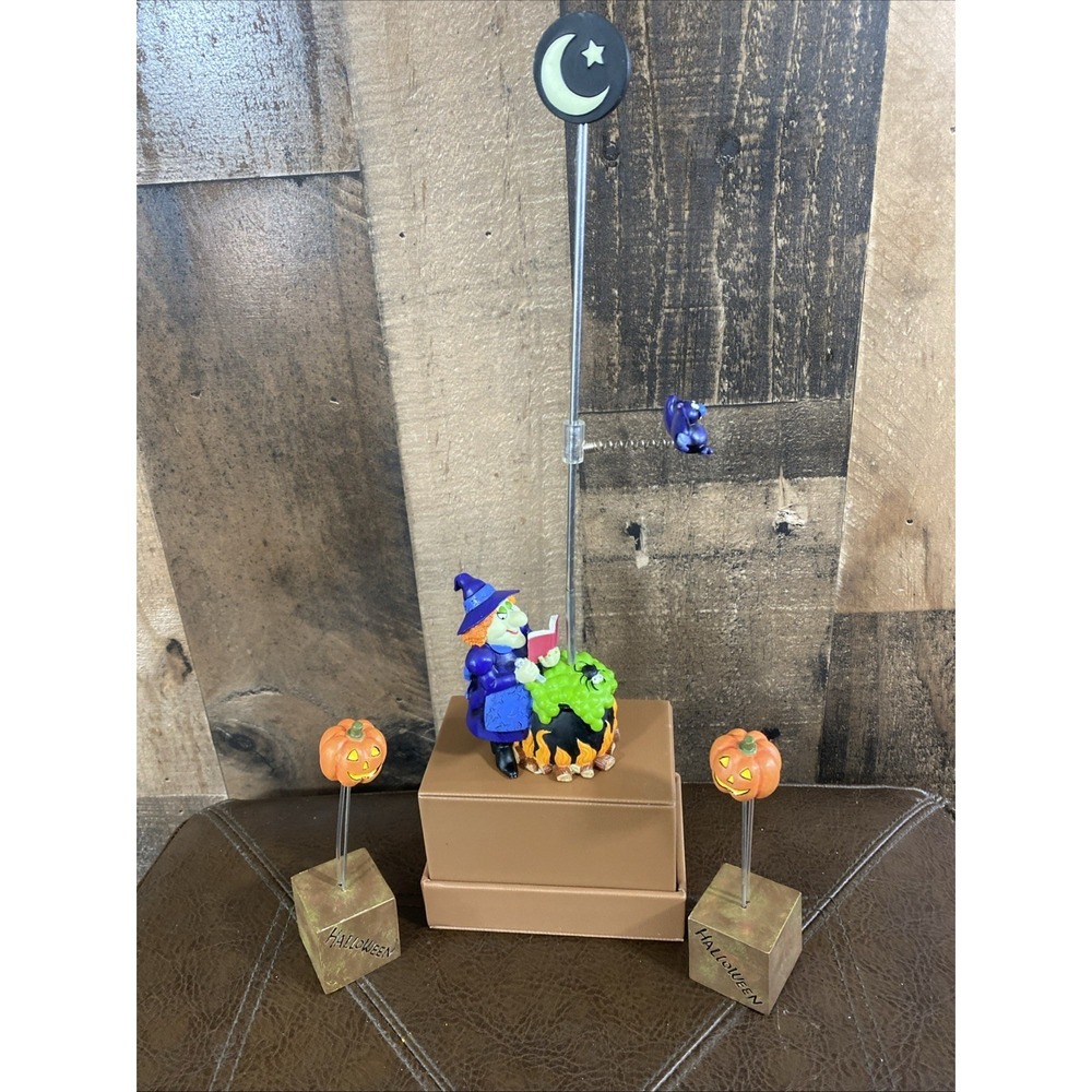 Halloween Witch & Bat‎ Burnes of Boston Glow In Dark Photo & 2 Pumpkin Clip Vtg